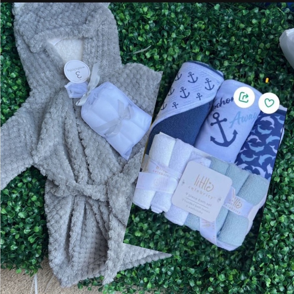 NWT Baby Gift Set Gray Textured Robe & Swaddle Blankets Neutral